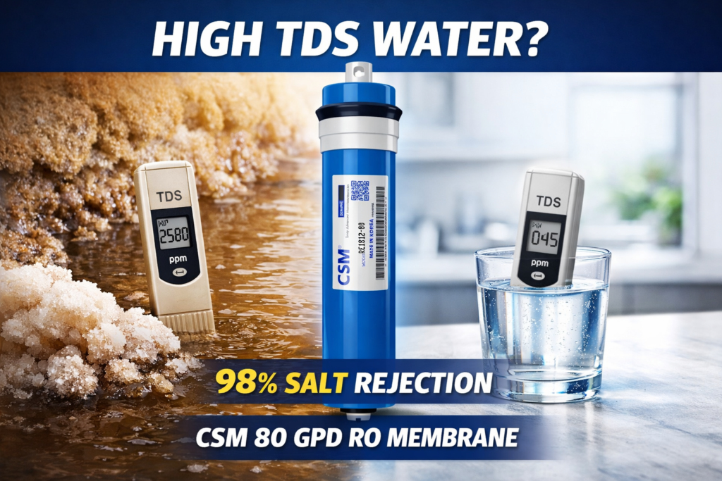 CSM RE1812-80 80 GPD RO membrane showing high TDS water purification comparison with TDS meter readings from 2500 ppm to 45 ppm