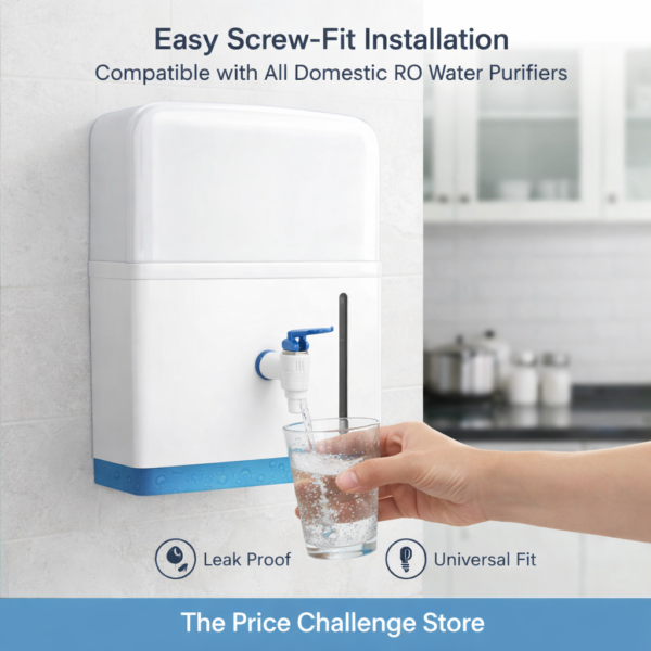 RO tap installed on wall mounted RO water purifier with water flowing into glass